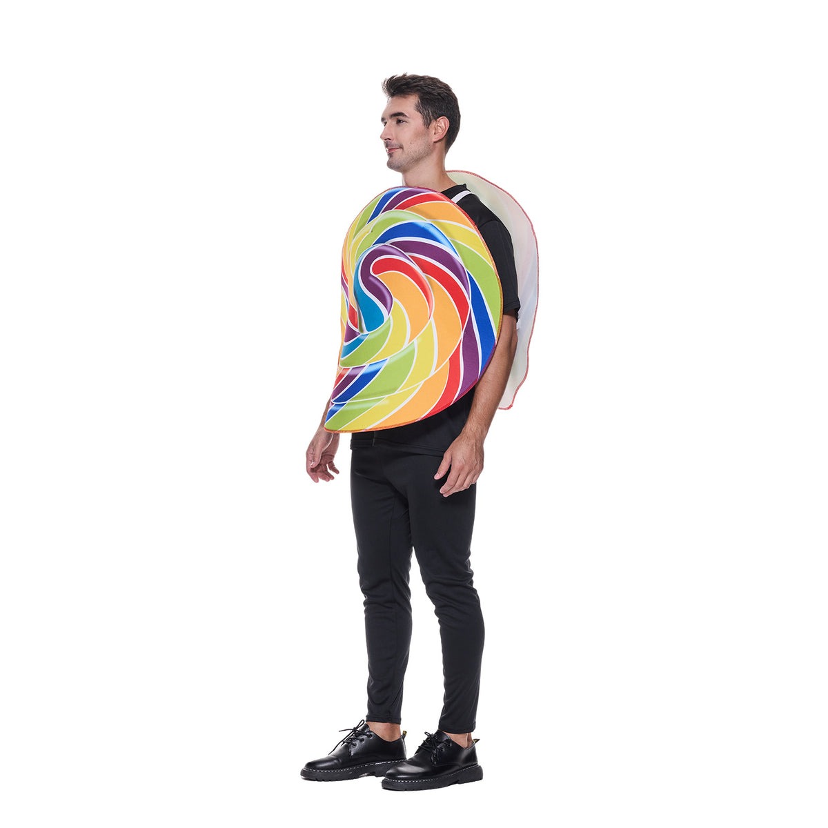 Side view of a man wearing the lollipop costume, showing the separate front and back panels
