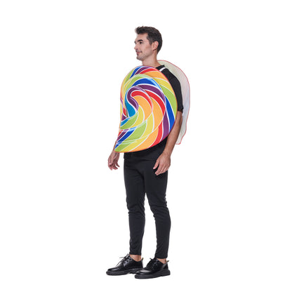 Side view of a man wearing the lollipop costume, showing the separate front and back panels