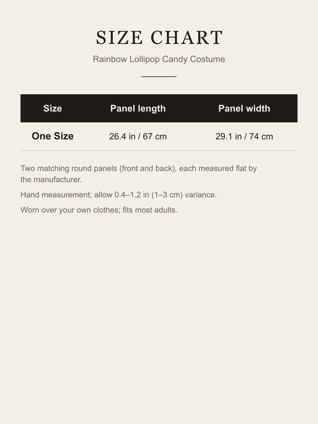 Size chart for the rainbow lollipop costume: one size, each panel 26.4 in (67 cm) long and 29.1 in (74 cm) wide