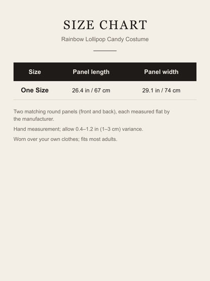 Size chart for the rainbow lollipop costume: one size, each panel 26.4 in (67 cm) long and 29.1 in (74 cm) wide