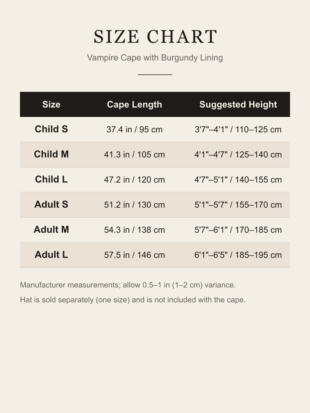 Vampire cape size chart: cape length and suggested height for Child S to Adult L