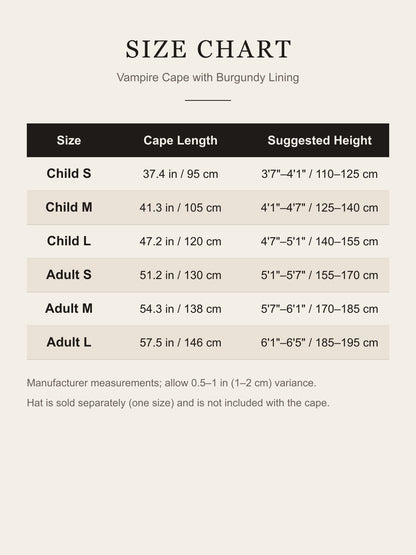 Vampire cape size chart: cape length and suggested height for Child S to Adult L