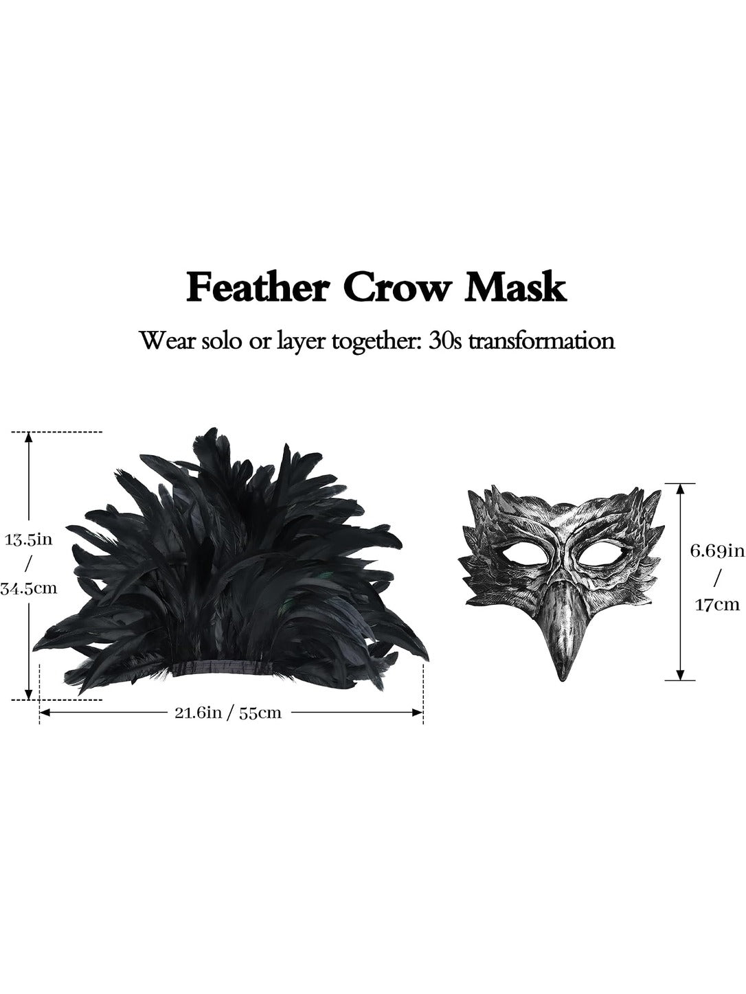 Dimensions: feather headpiece 21.6 in (55 cm) wide and 13.5 in (34.5 cm) tall; silver eagle mask 6.7 in (17 cm) tall; wear solo or layered