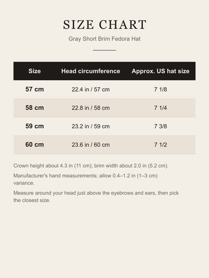 Size chart for the gray fedora hat: head circumference 57–60 cm in inches and approximate US hat sizes