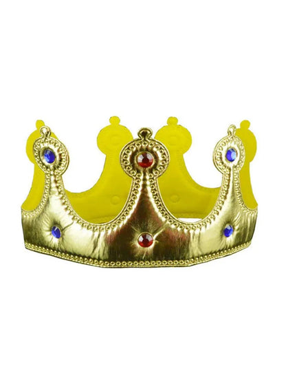 Gold fabric king's crown with five points, beaded trim and red and blue faux gems on a white background