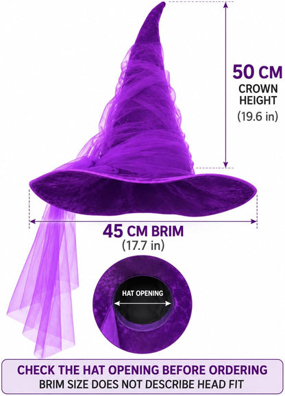 Purple witch hat size chart: 45 cm (17.7 in) brim width and 50 cm (19.6 in) crown height