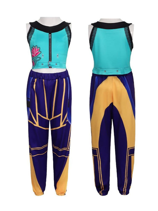 Kids' cosplay costume set laid out front and back: teal sleeveless zip crop top and dark purple pants with yellow lines
