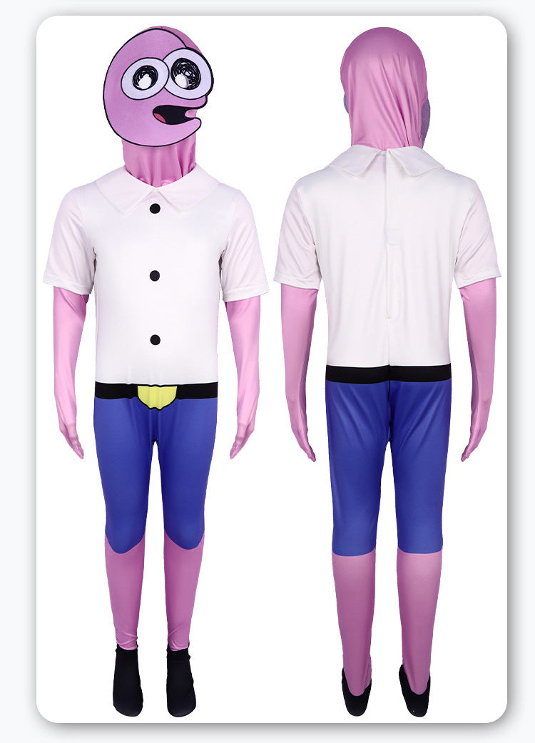 Pim cosplay jumpsuit front and back on a mannequin, showing the printed face hood, attached gloves and black foot covers