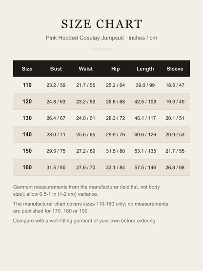 Size chart for the Pim cosplay jumpsuit, sizes 110 to 160, bust waist hip length and sleeve in inches and cm