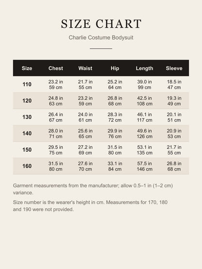 Size chart for the Charlie costume bodysuit: chest, waist, hip, length and sleeve for sizes 110–160 in inches and centimeters