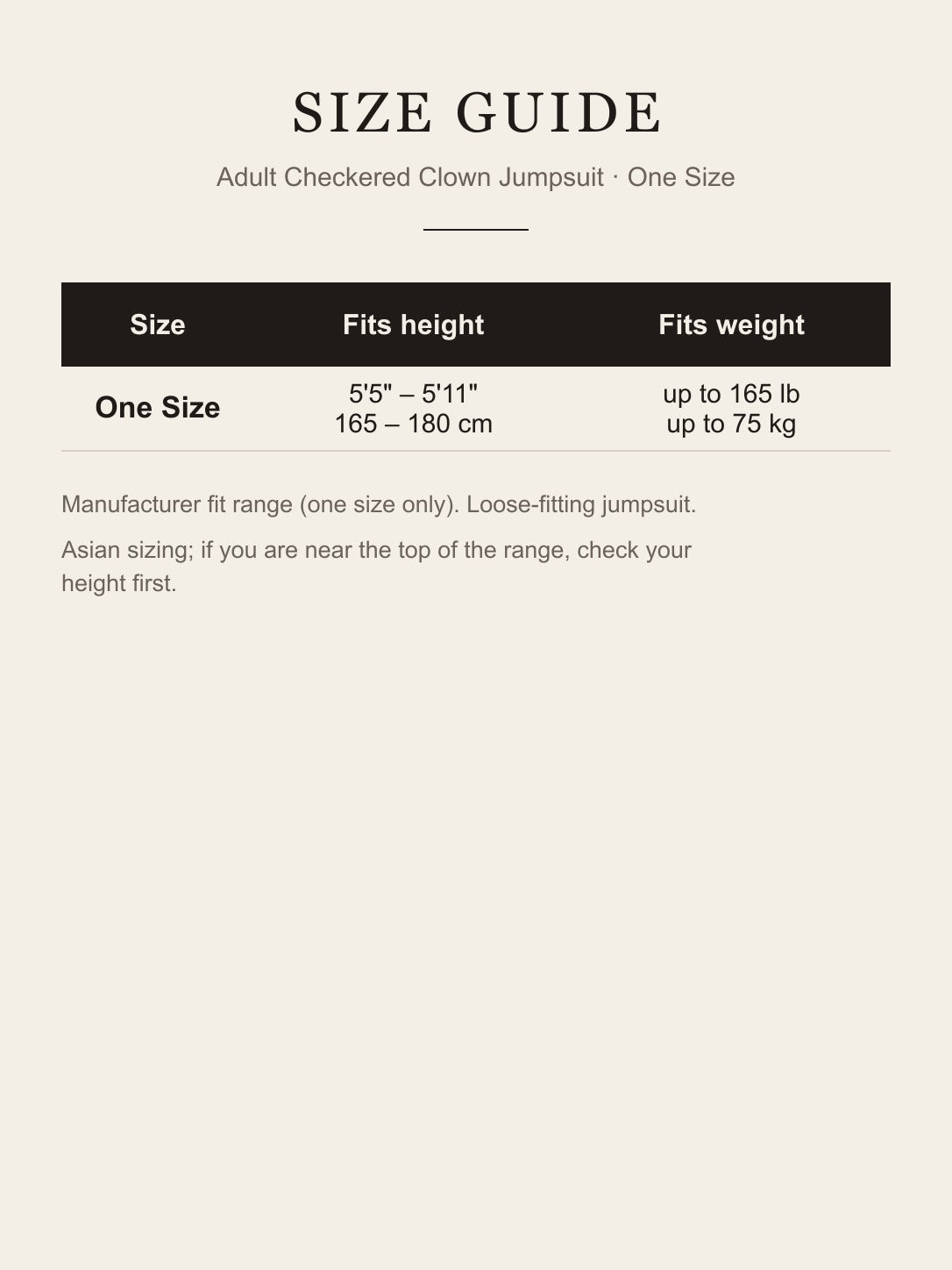 Adult Orange Checkered Clown Jumpsuit costume size guide: one size, fits 5'5"-5'11" (165-180 cm), up to 165 lb (75 kg)