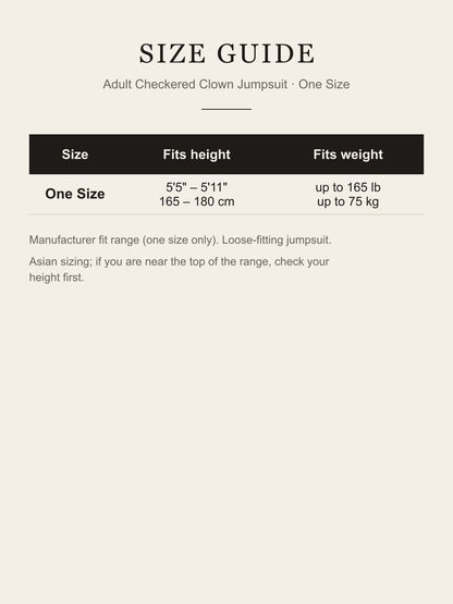 Adult Orange Checkered Clown Jumpsuit costume size guide: one size, fits 5'5"-5'11" (165-180 cm), up to 165 lb (75 kg)