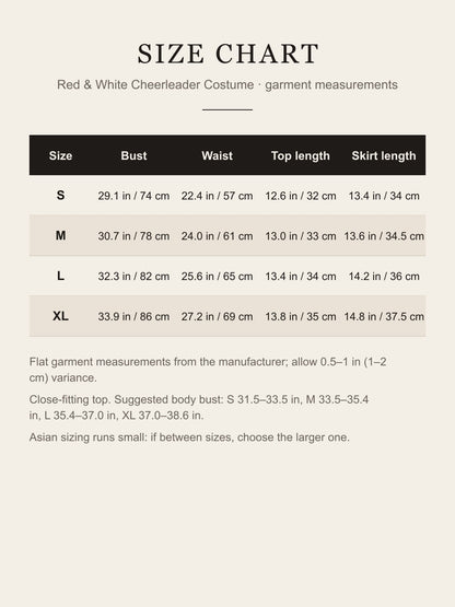 Size chart for women's red and white cheerleader costume – bust, waist, top and skirt length in inches and cm