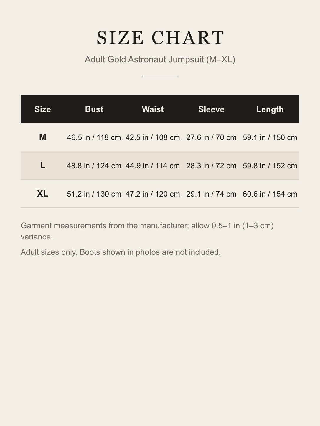 Size chart for the adult gold astronaut jumpsuit: bust, waist, sleeve and length for M, L and XL in inches and centimeters