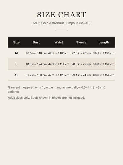 Size chart for the adult gold astronaut jumpsuit: bust, waist, sleeve and length for M, L and XL in inches and centimeters