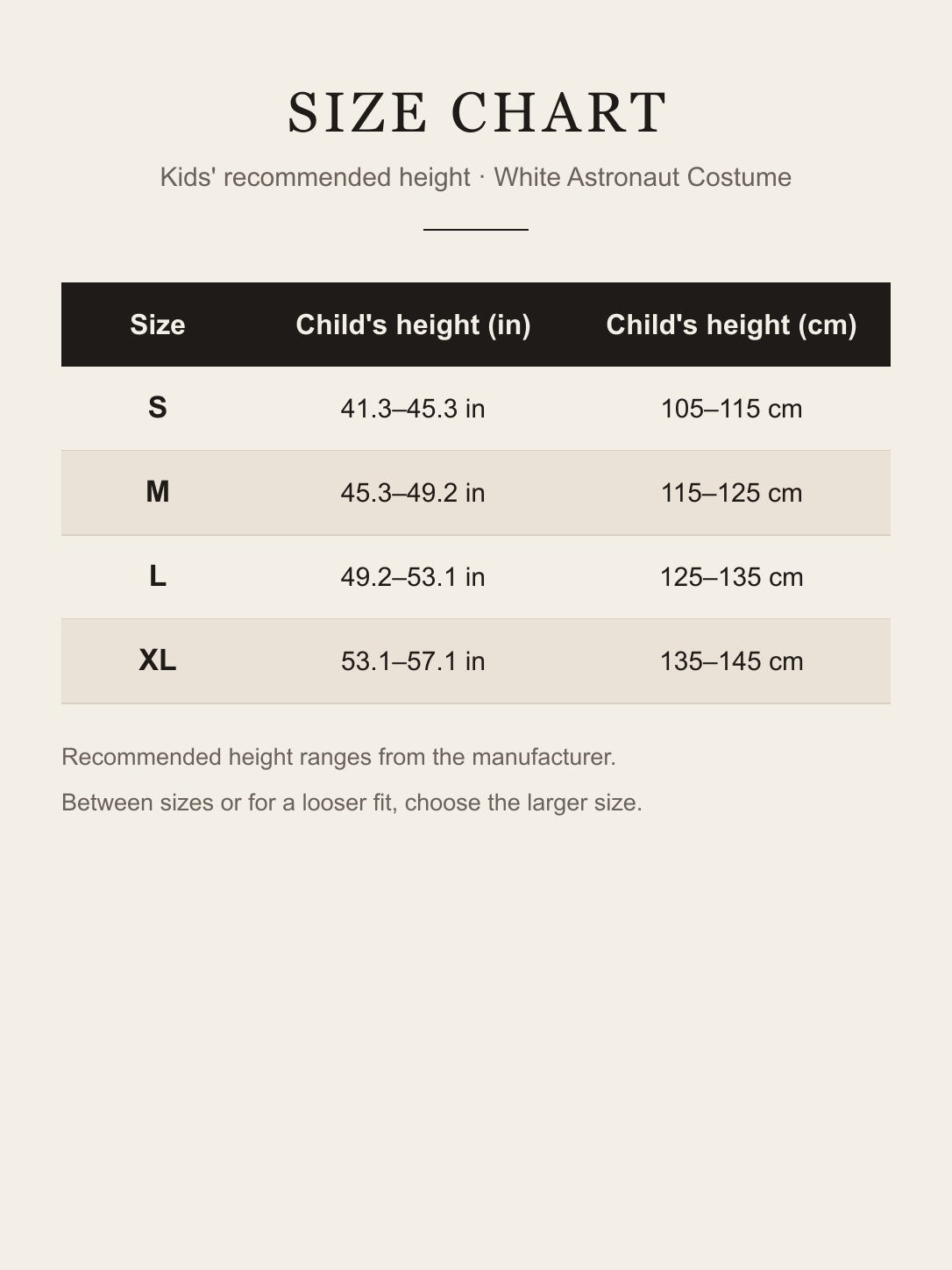 Size chart for the kids' white astronaut costume: recommended child's height for S, M, L and XL in inches and centimeters