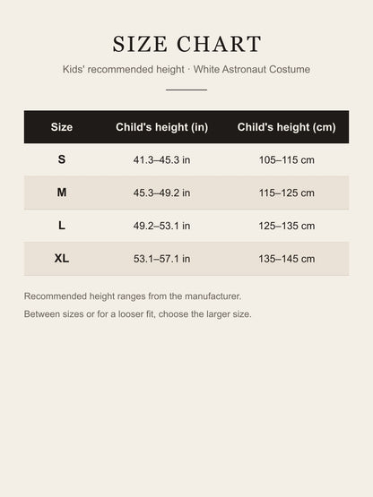Size chart for the kids' white astronaut costume: recommended child's height for S, M, L and XL in inches and centimeters