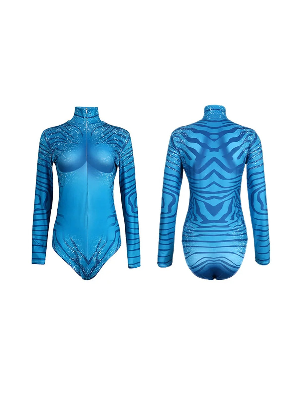 Front and back flat view of the blue long-sleeve leotard bodysuit: front zipper, sparkle print and wave stripes across the back