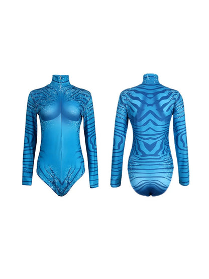 Front and back flat view of the blue long-sleeve leotard bodysuit: front zipper, sparkle print and wave stripes across the back