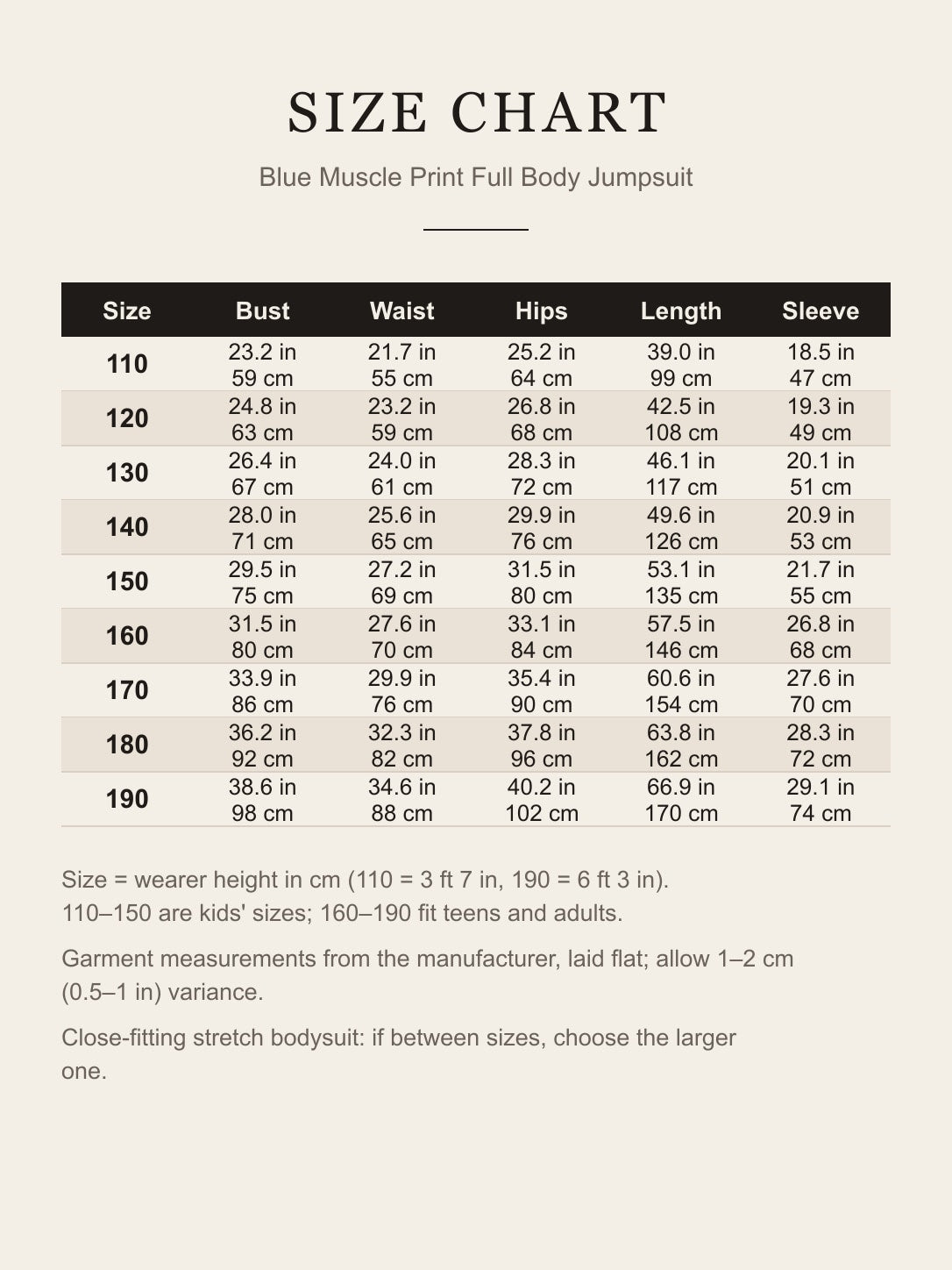 Size chart for the blue muscle print jumpsuit: bust, waist, hips, length and sleeve for sizes 110–190 in inches and centimeters