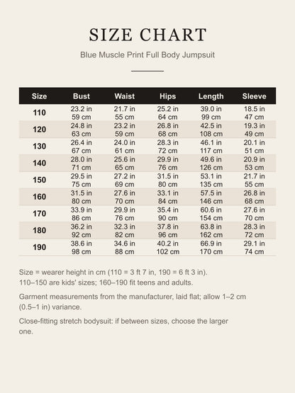 Size chart for the blue muscle print jumpsuit: bust, waist, hips, length and sleeve for sizes 110–190 in inches and centimeters