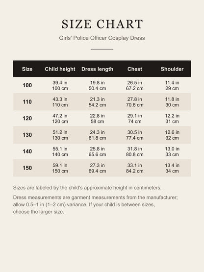 Size chart for the girls' police officer cosplay dress: child height, dress length, chest and shoulder for sizes 100–150 in inches and centimeters