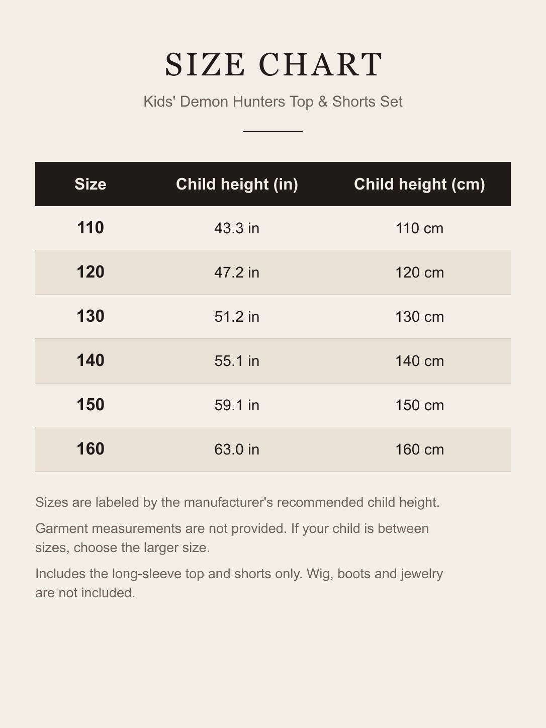 Kids' Demon Hunters cosplay costume set size chart by child height, sizes 110 to 160