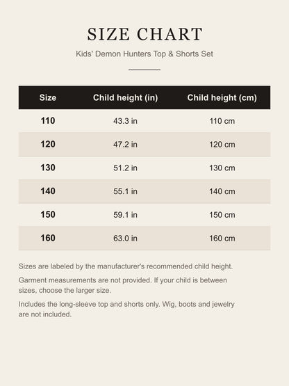 Kids' Demon Hunters cosplay costume set size chart by child height, sizes 110 to 160