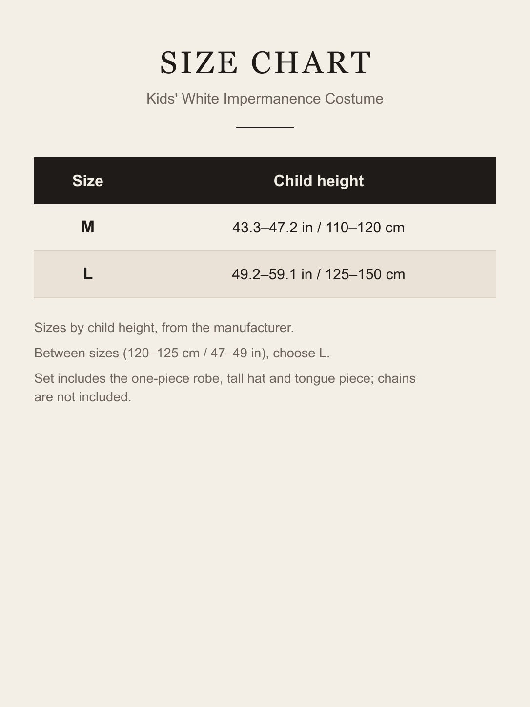 Kids' White Impermanence costume size chart by child height, M and L