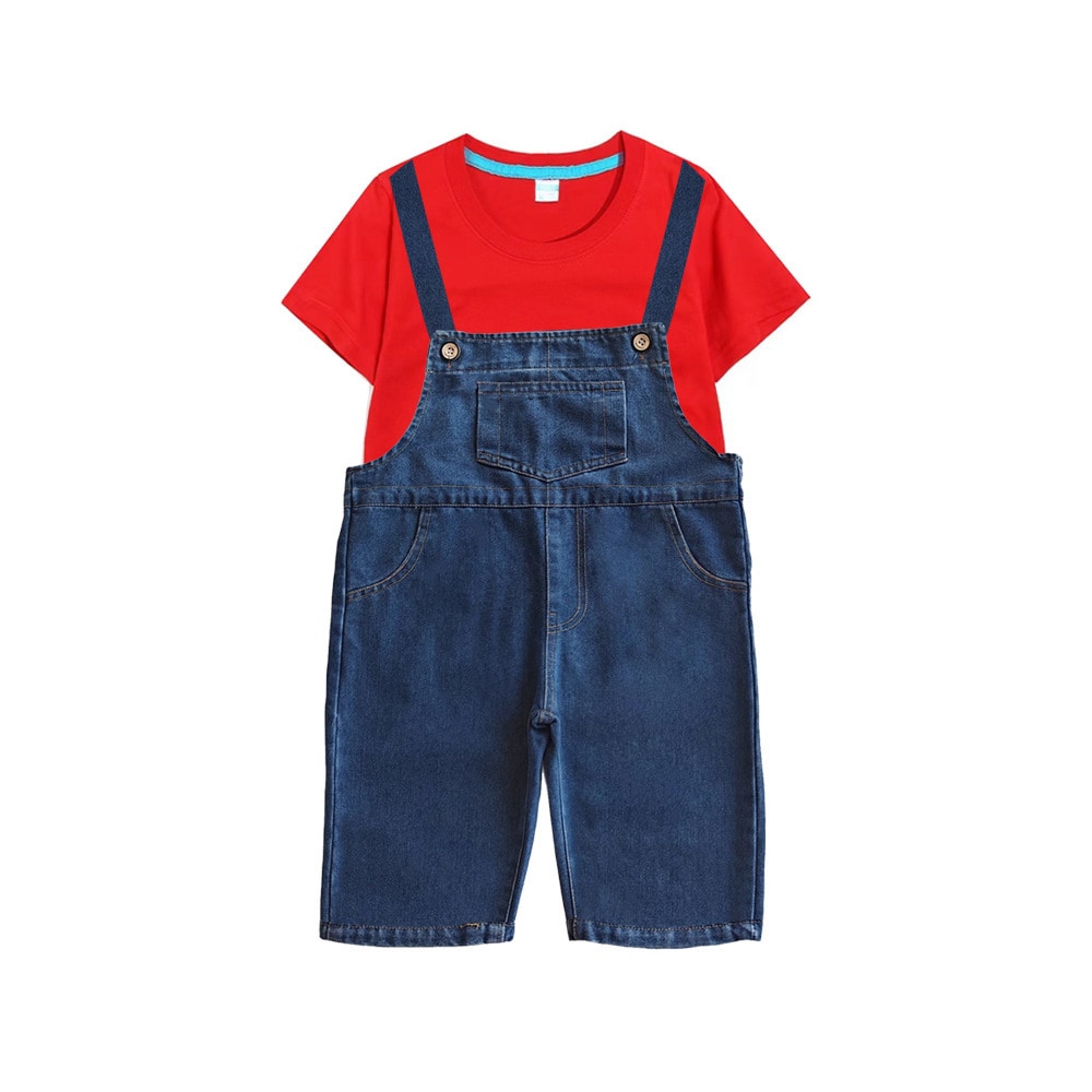 Flat lay of the costume set: red short-sleeve T-shirt layered under blue denim overall shorts