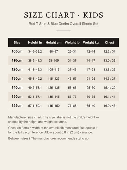 Kids' size chart for sizes 100cm to 155cm: fits height, weight and chest width in inches and centimeters