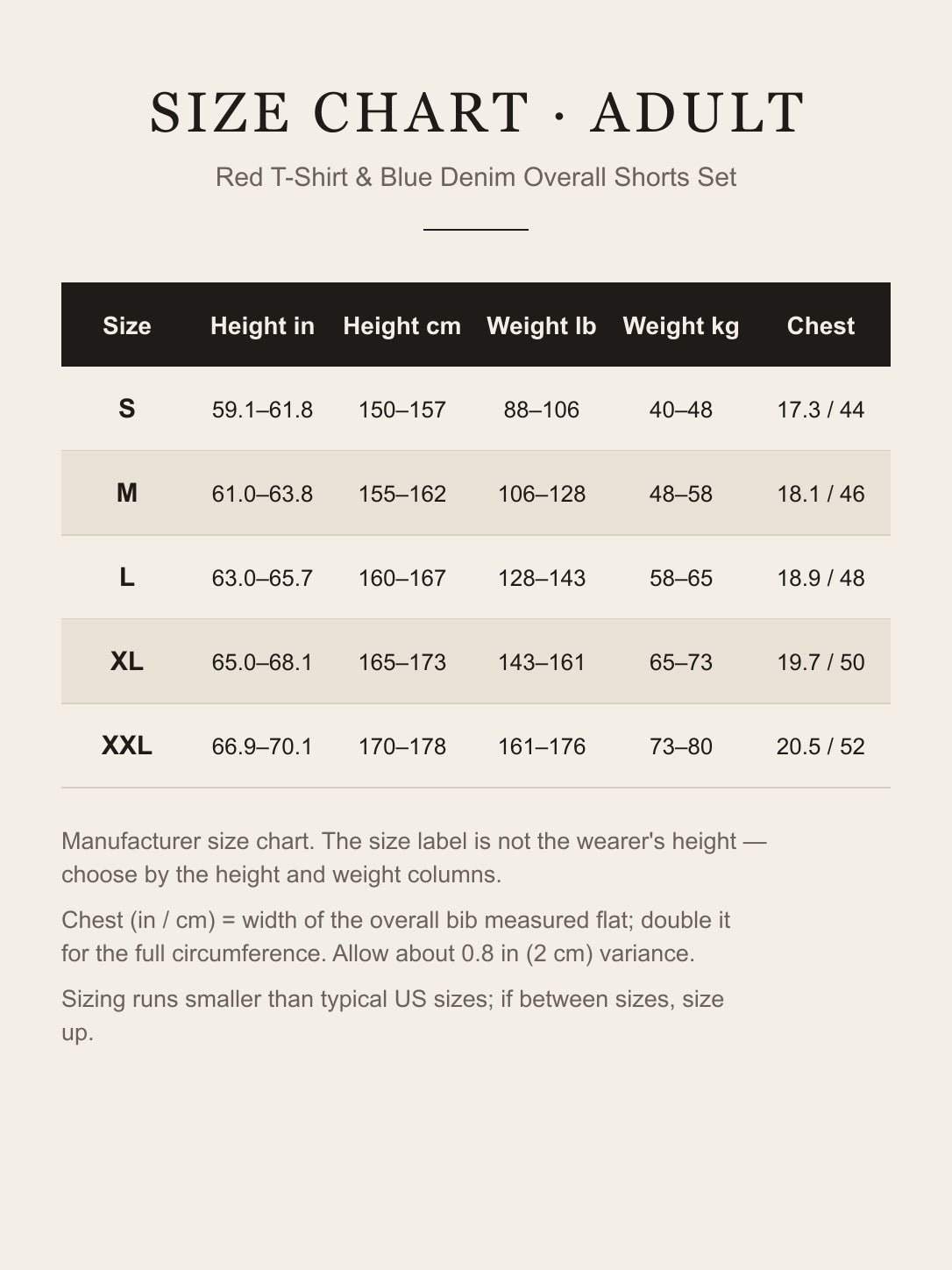 Adult size chart for sizes S to XXL: fits height, weight and chest width in inches and centimeters