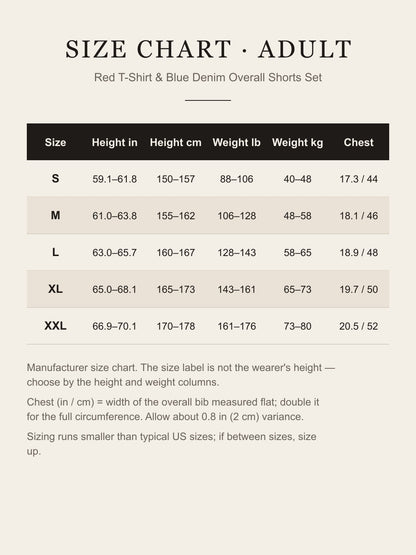 Adult size chart for sizes S to XXL: fits height, weight and chest width in inches and centimeters