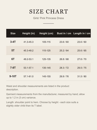Size chart for the girls' pink princess dress: height, bust, waist and length for 3-4T to 9-10T in inches and centimeters