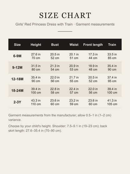 Size chart for the girls' red princess dress with train, 6-9M to 2-3Y, bust, waist, length and train in inches and cm