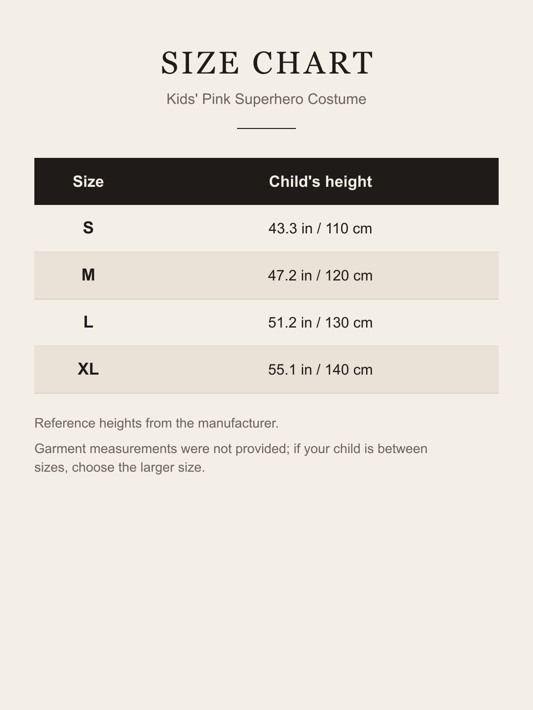 Size chart for the kids' pink superhero costume: S 110 cm, M 120 cm, L 130 cm, XL 140 cm child's height