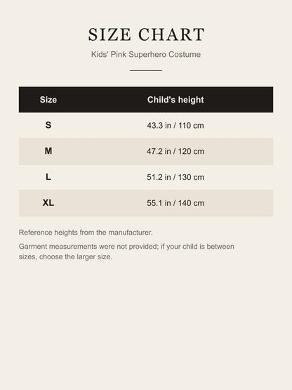 Size chart for the kids' pink superhero costume: S 110 cm, M 120 cm, L 130 cm, XL 140 cm child's height