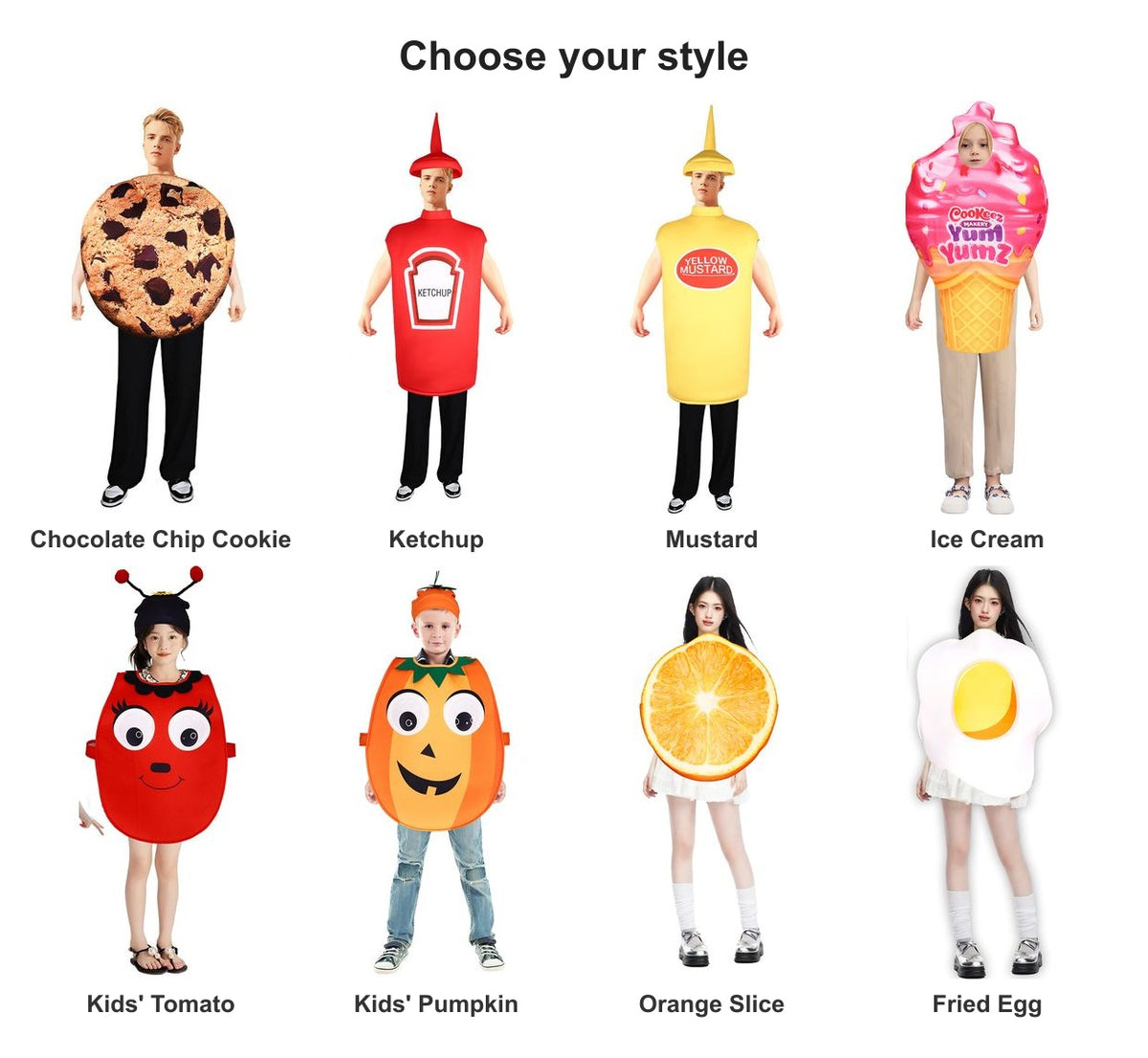 Food sponge costume styles: chocolate chip cookie, ketchup, mustard, ice cream, kids' tomato, kids' pumpkin, orange slice and fried egg