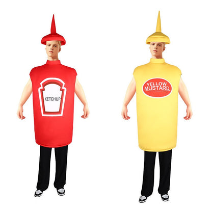 Ketchup and mustard bottle sponge costumes worn by an adult, front view