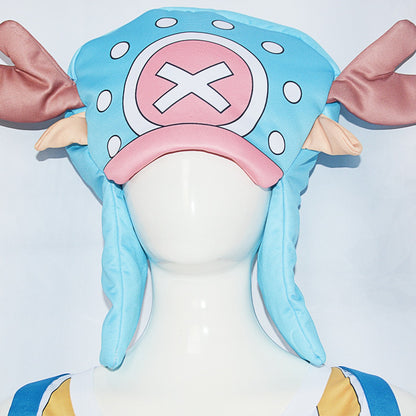 Close-up of the blue Chopper cosplay hat with brown antlers, pink cross emblem and ear flaps