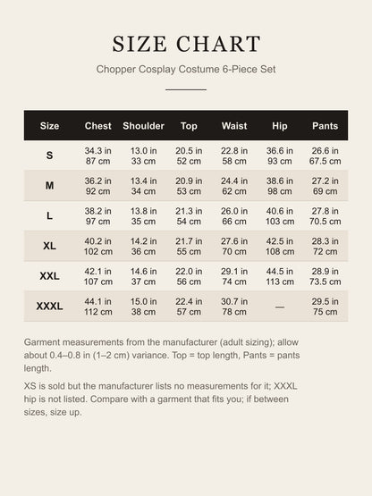 Size chart for the adult Chopper cosplay costume, chest, shoulder, top length, waist, hip and pants length in inches and cm