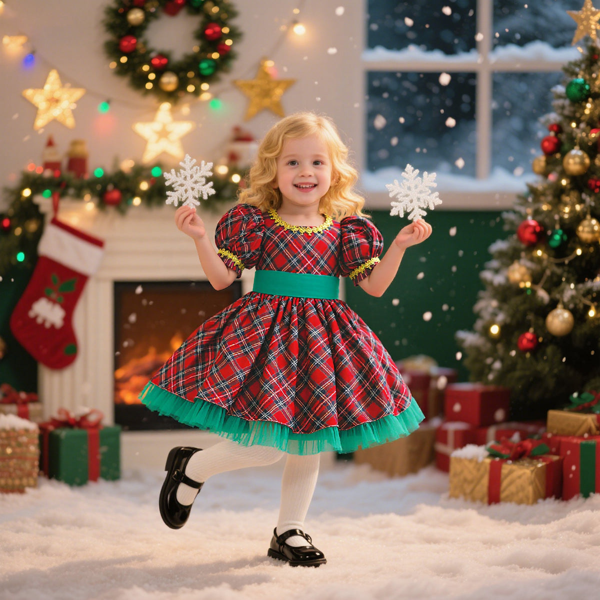 Toddler girl wearing the red plaid Christmas dress with green sash and tulle hem by a Christmas tree (snowflakes are props, not included)