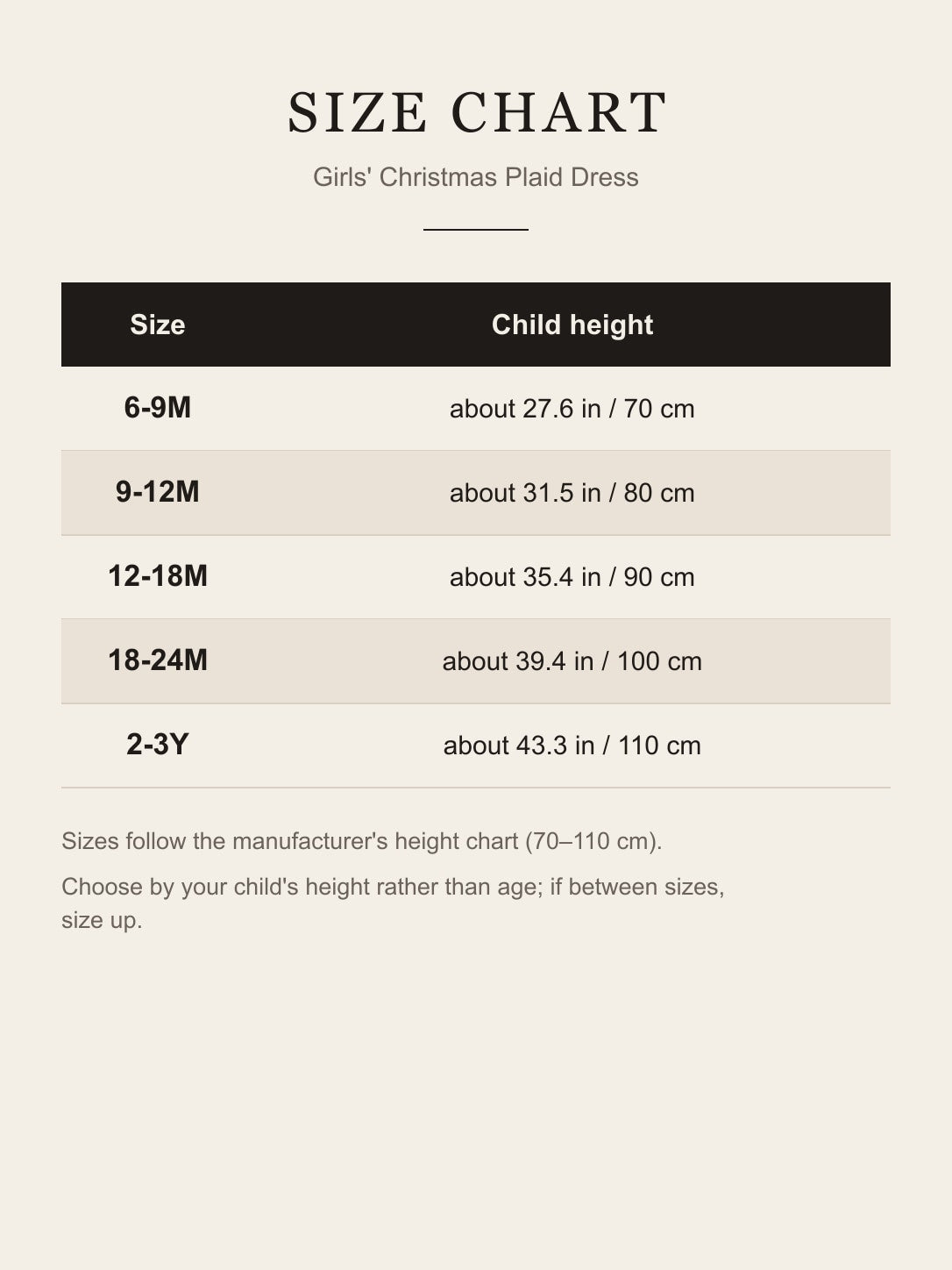 Size chart for the girls' Christmas plaid dress: sizes 6-9M to 2-3Y by child height in inches and centimeters