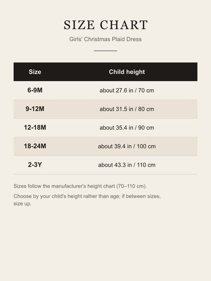 Size chart for the girls' Christmas plaid dress: sizes 6-9M to 2-3Y by child height in inches and centimeters