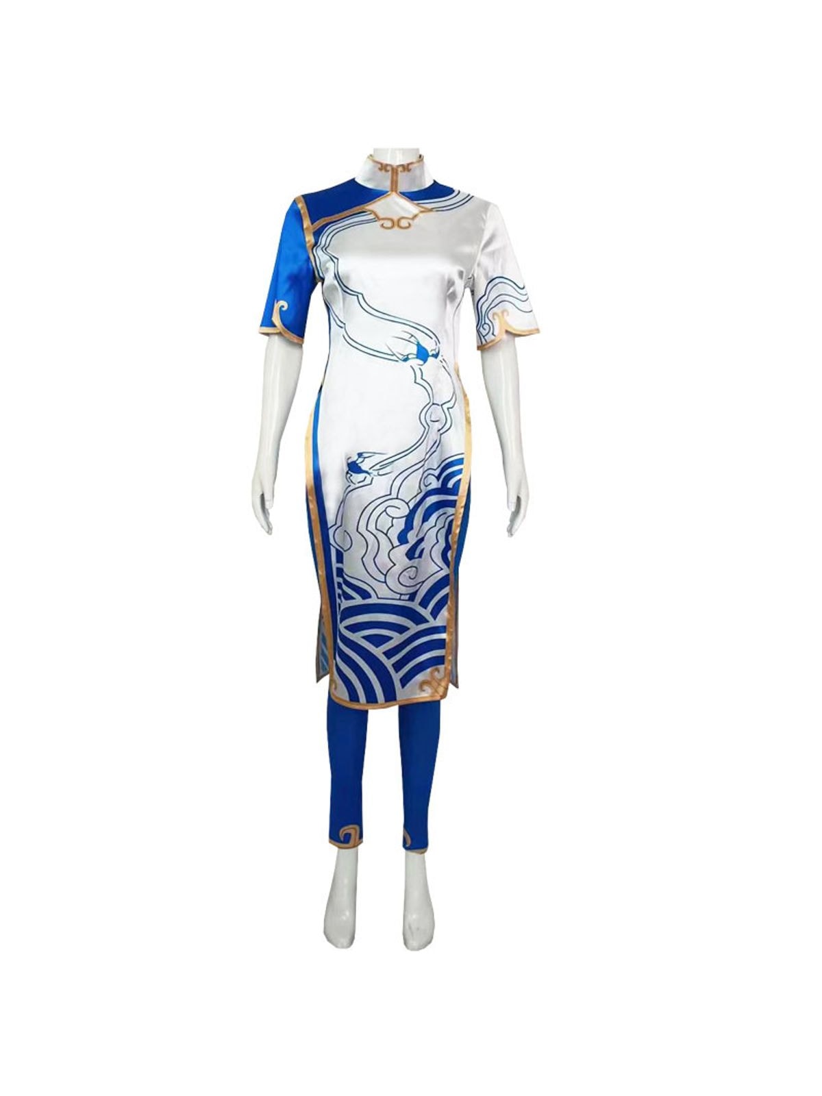 Real product photo of the Chun-Li qipao costume on a mannequin, front view