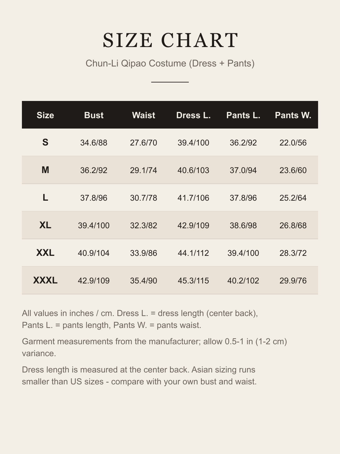 Size chart for the Chun-Li qipao costume: bust, waist, dress length, pants length and pants waist for S to XXXL in inches and cm