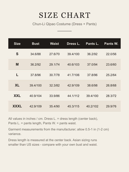 Size chart for the Chun-Li qipao costume: bust, waist, dress length, pants length and pants waist for S to XXXL in inches and cm