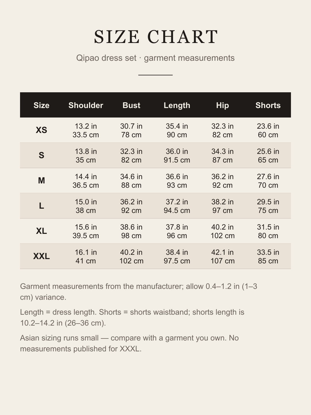 Chun-Li cosplay qipao costume set size chart in inches and centimeters