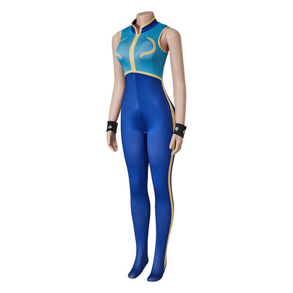 Real product photo on a mannequin: side view of the blue Chun-Li jumpsuit showing the gold stripe down the outer leg and footed legs