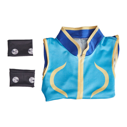 What's included: blue sleeveless zip-up jumpsuit and two black wristbands with silver round studs
